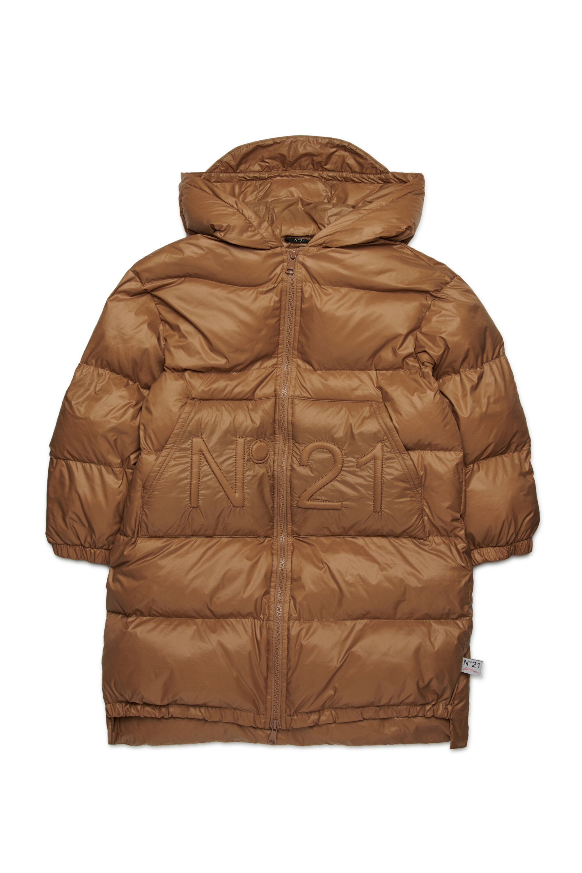 Long padded jacket with asymmetrical bottom