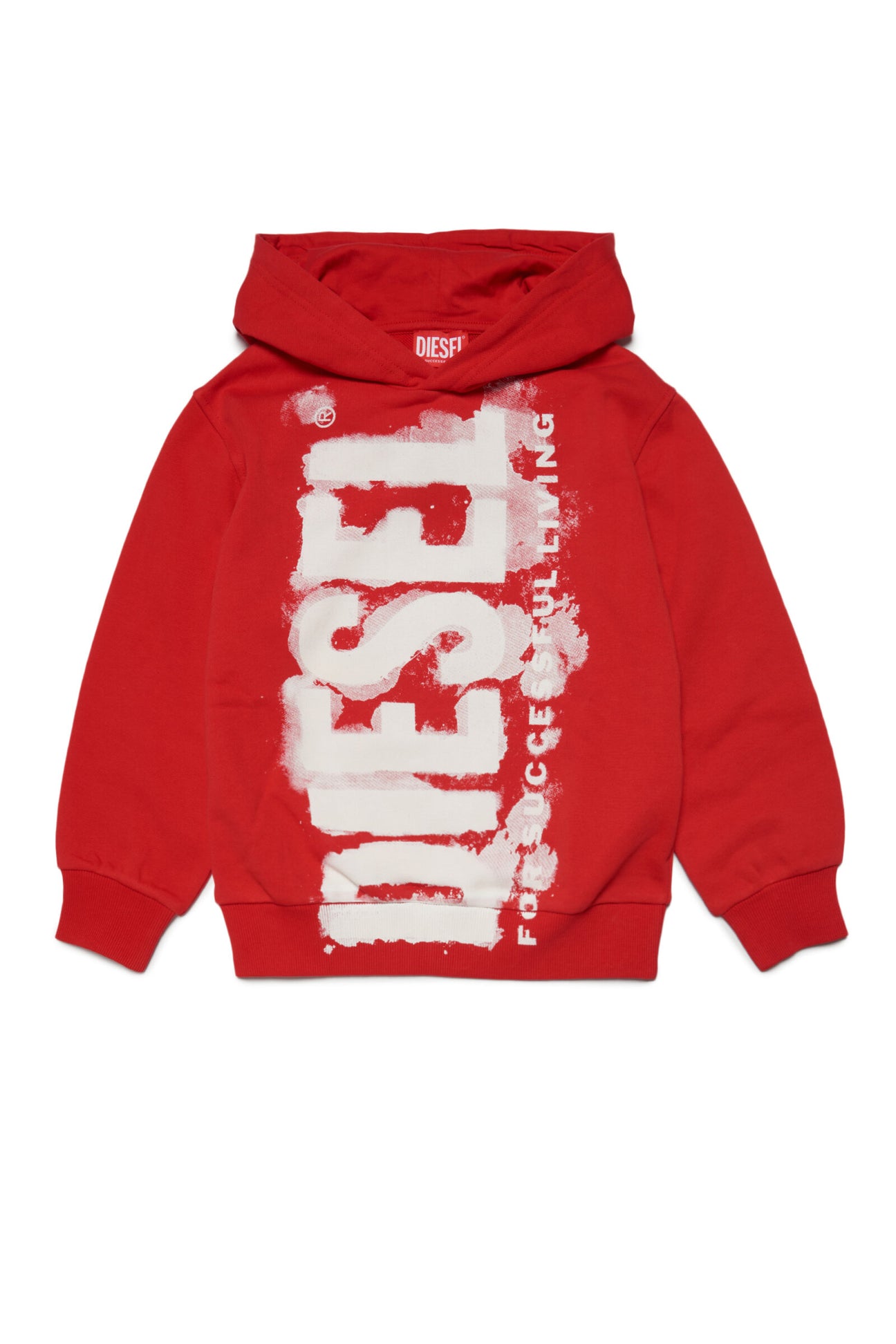 Red hooded sweatshirt with watercolor effect logo 