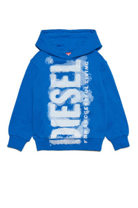 Diesel blue hooded sweatshirt with watercolor effect logo for