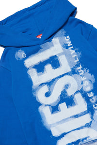 Diesel blue hooded sweatshirt with watercolor effect logo for