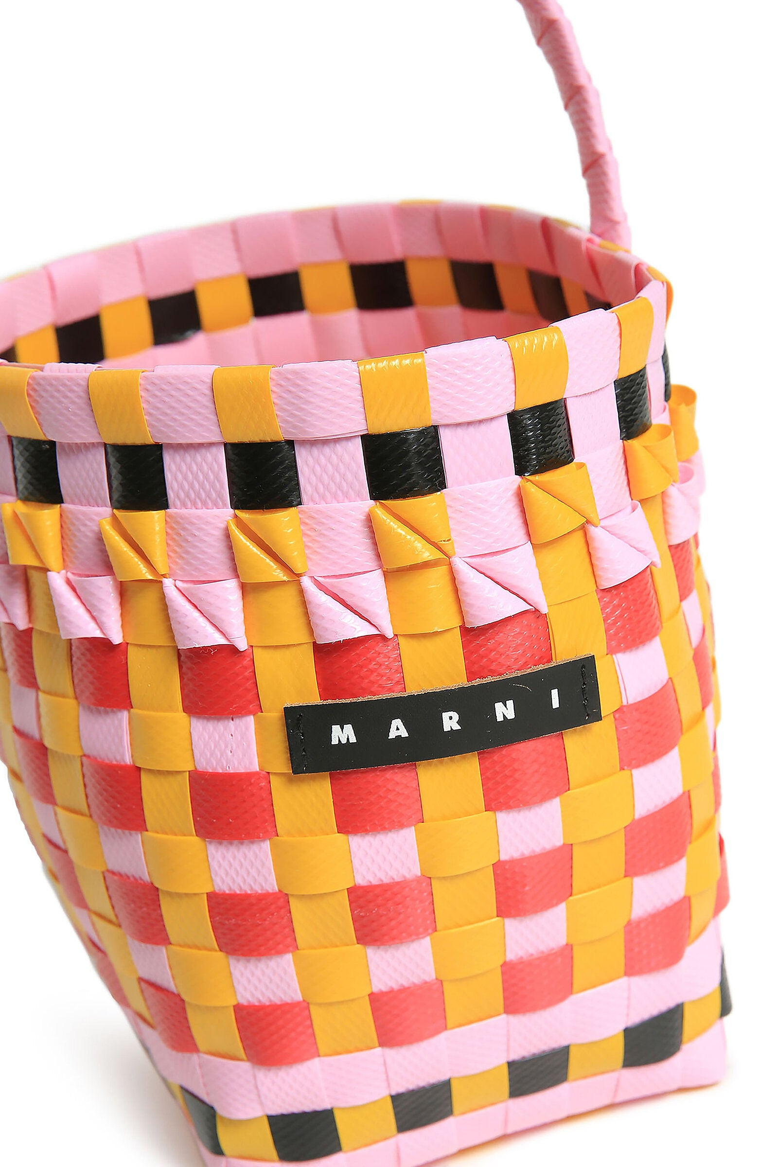 Marni pink woven pod bag with single handle and applied logo for