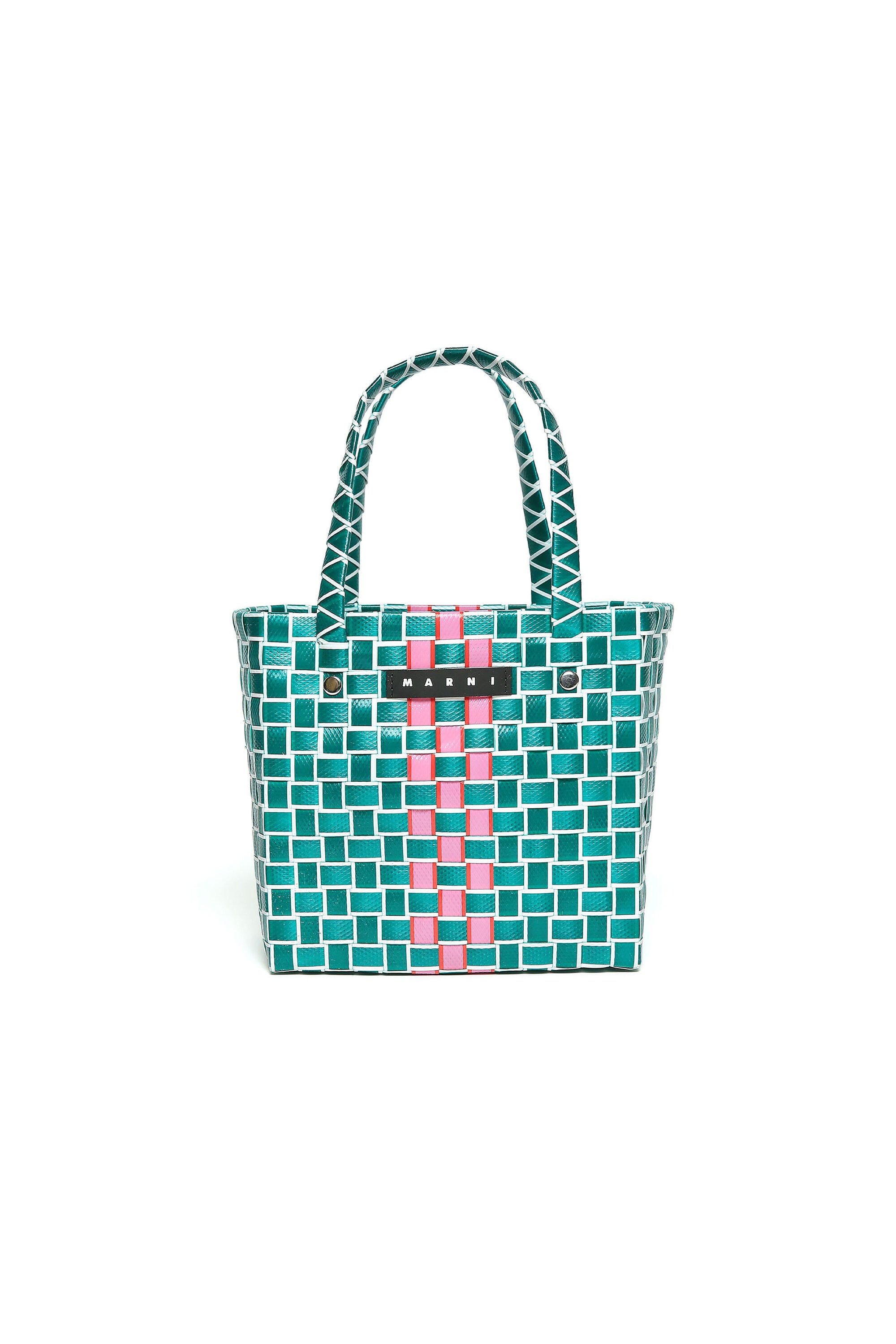 Marni green woven box bag with handles and applied logo for