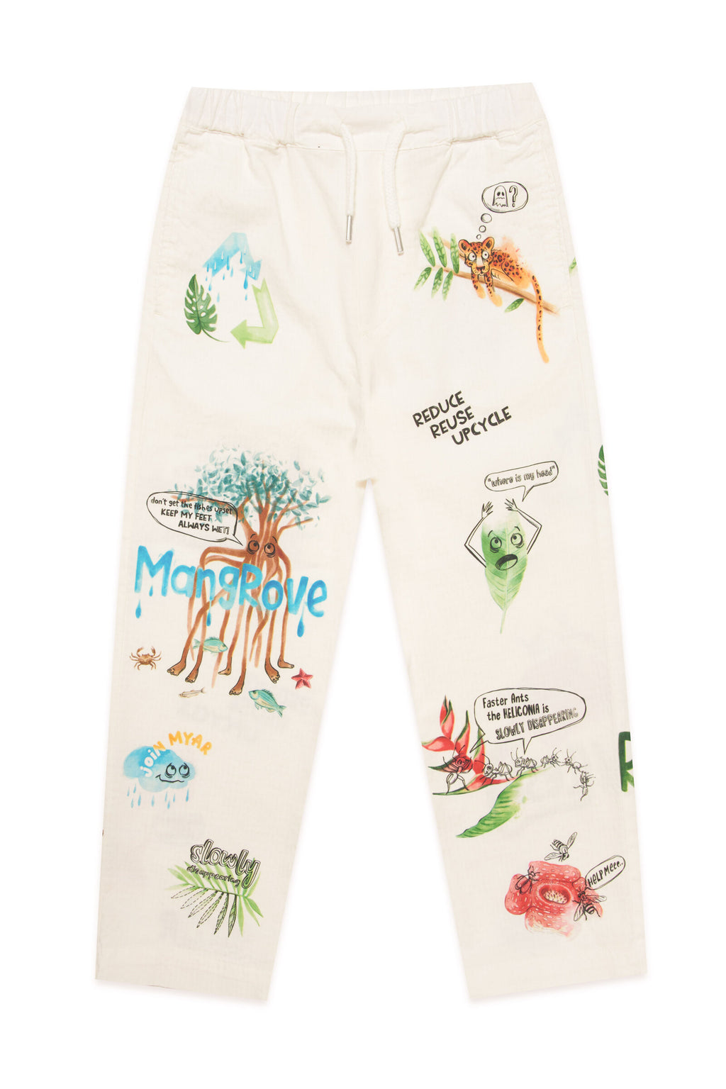 Deadstock white fabric trousers with digital prints