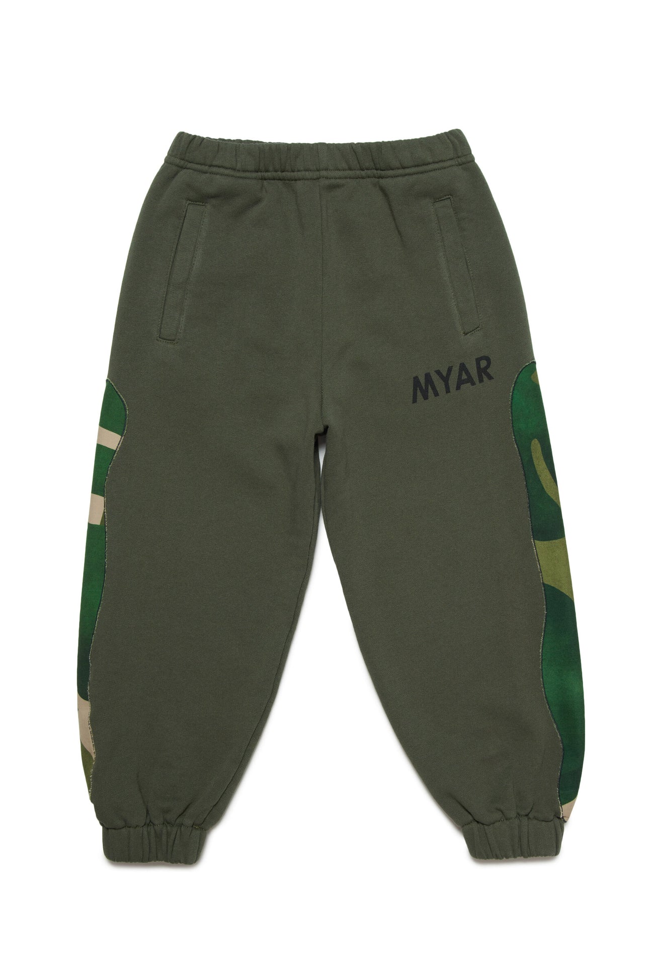 Plush jogger trousers with rainforest patterned fabric applications 
