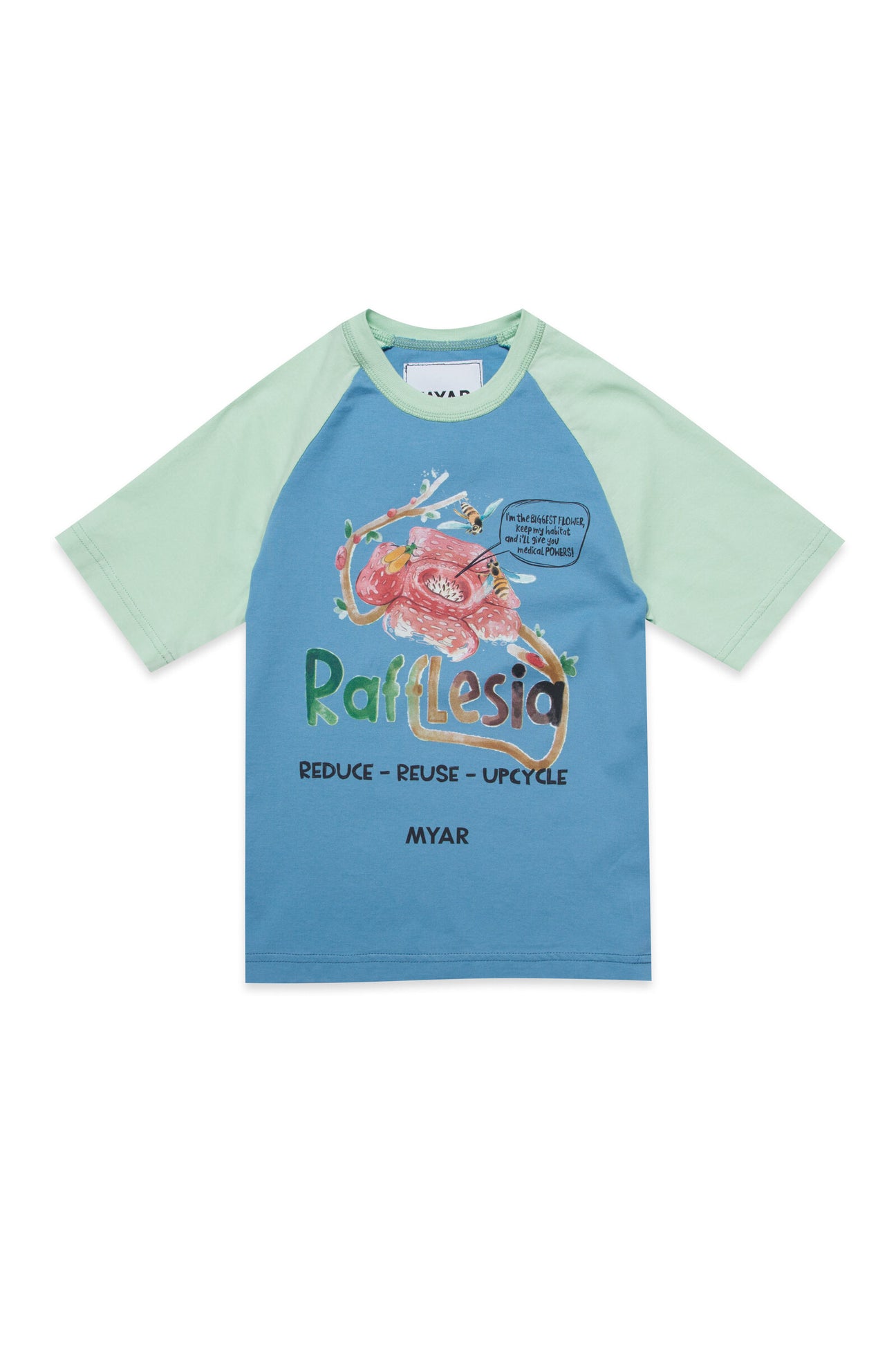 Two-tone blue and green deadstock fabric crew-neck T-shirt with Rafflesia digital print 