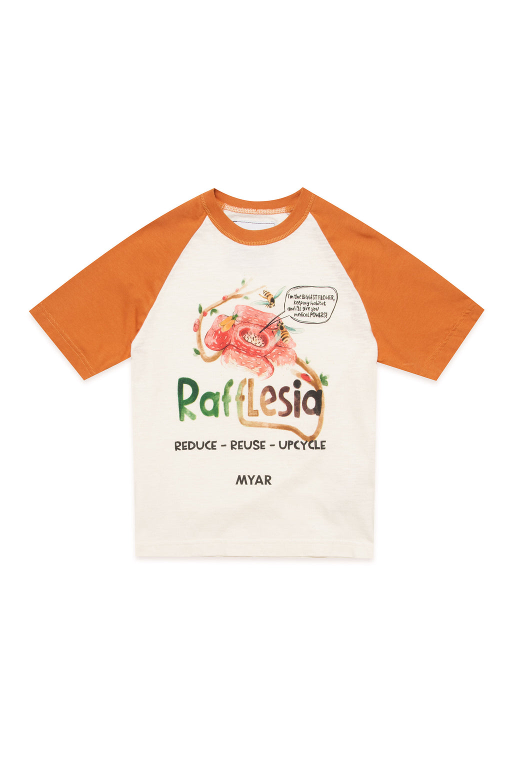 Two-tone white and orange deadstock fabric crew-neck T-shirt with Rafflesia digital print